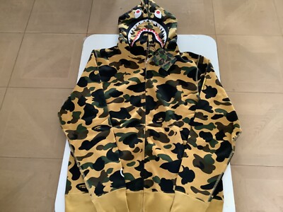 Auth a bathing ape bape 1st camo 2nd ponr shark full zip hoodie yellow L  new men | eBay