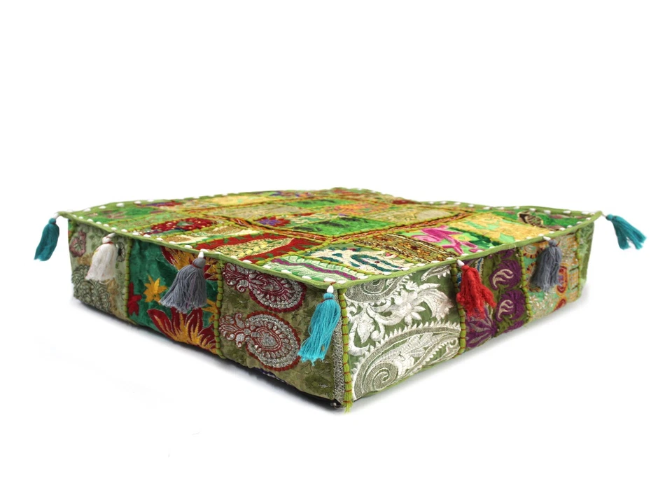 Green Patchwork Square Floor Pillow Bohemian Decorative Pillow Vintage Cover AU - Image 3 of 4