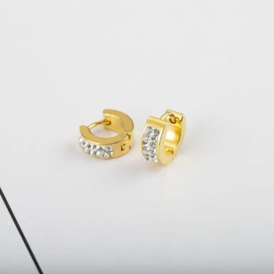 Small Click-on Round Cut Crystal Gold Hoop Huggie Stud Earrings