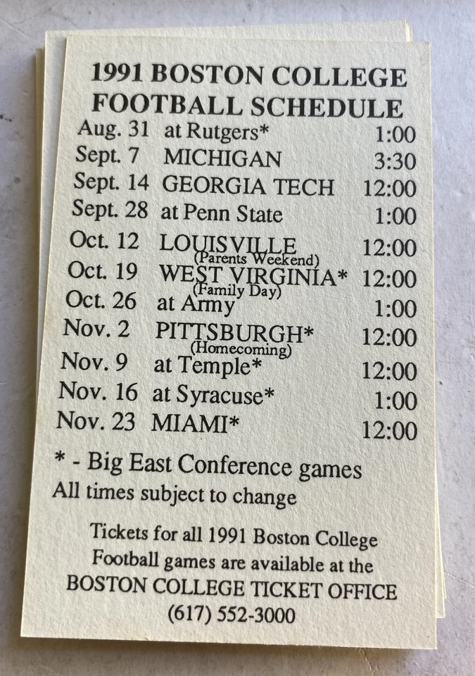 Boston College 1991 Football Pocket Schedule Card - Ticket Office Lot Of 49 - Image 3 of 4