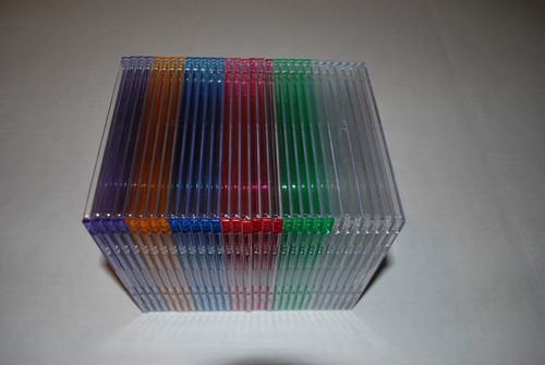 31 SLIM ASSORTED COLOR CD JEWEL CASES - PURPLE ORANGE BLUE RED GREEN CLEAR - Picture 2 of 3