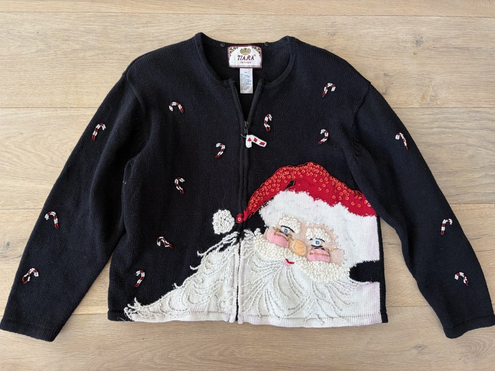 Tiara vintage cotton blend embroidered beaded Santa Christmas cardigan L petite