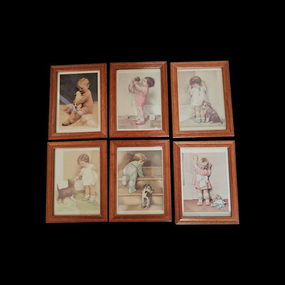 VTG Bessie Pease Gutmann 4x6'' Prints 6x8'' Wood Frames Set of 6