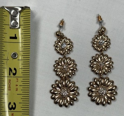 Goldtone 3 Tier Daisy Crystals Sunflower Post Earrings