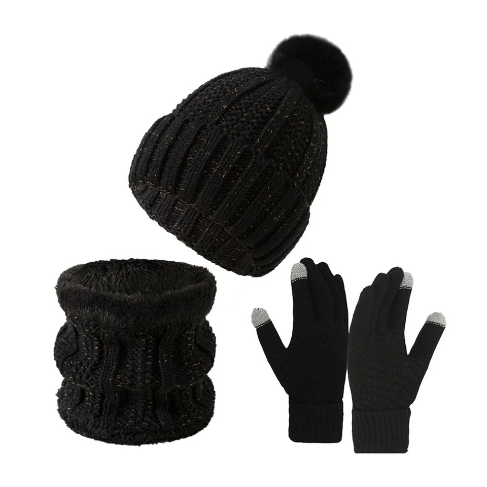 Conjunto de luvas cachecol chapéu gorro inverno feminino forrado de lã chapéu luvas touchscreen - Imagem 3 de 4