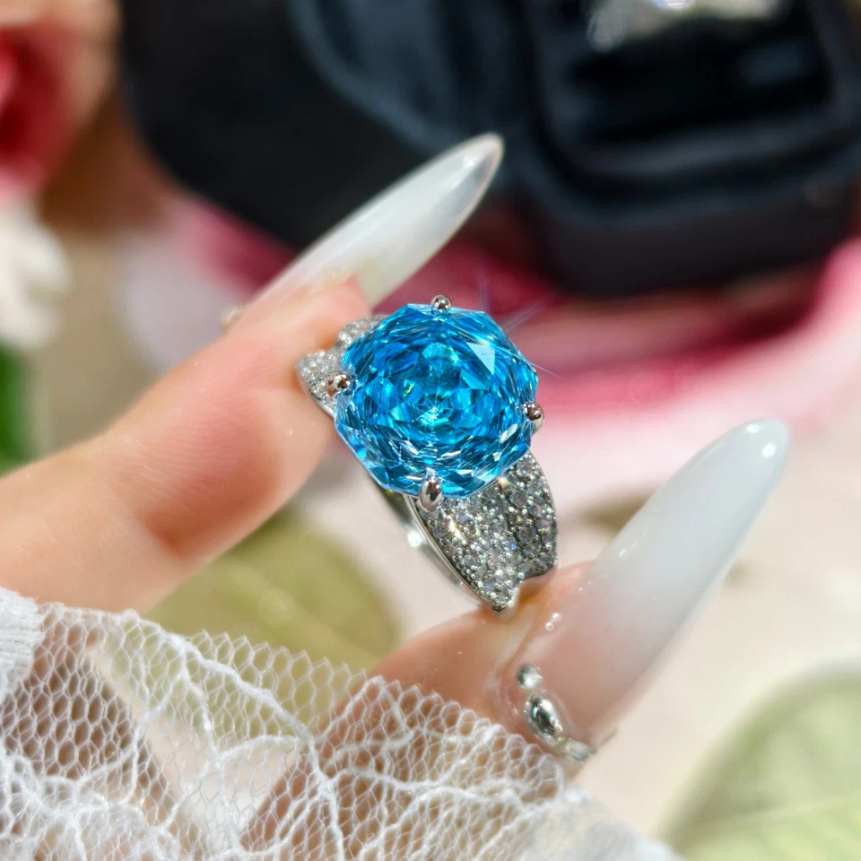 Sparkle 12mm Rose Cut Ocean Blue Topaz Gemstone Charm Women Girl Silver Rings - Image 2 of 4