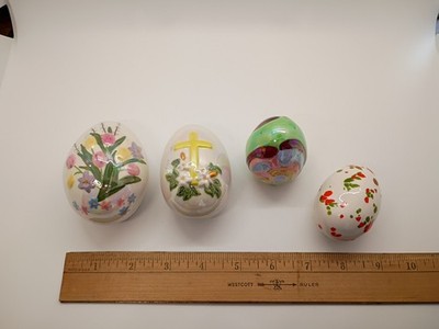 Lot Of 4 Unique Hand Painted Glazed Ceramic Eggs