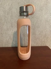 Contigo Glass Water Bottle with Peach Silicone Sleeve and stainless steel top