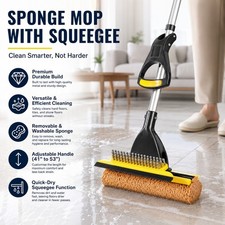 Yocada Sponge Floor Mop Long Handle Home Commercial Cleaner W/Squeegee and Brush