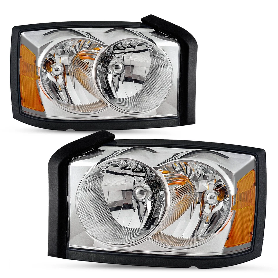 Left+Right For 2005 2006 2007 Dodge Dakota Headlights Chrome Amber Headlamps - Imagem 2 de 4