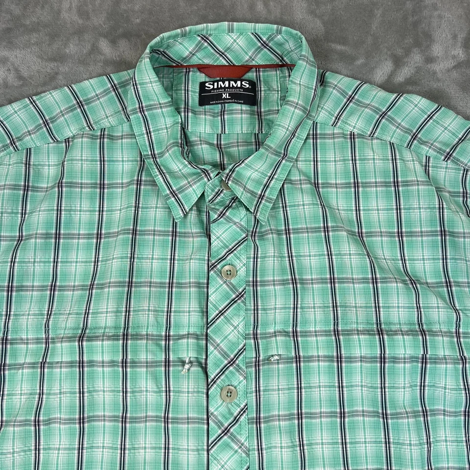 Simms Fishing Shirt Mens XL Green Plaid Short Sleeve Button Front Outdoor - Image 2 of 4