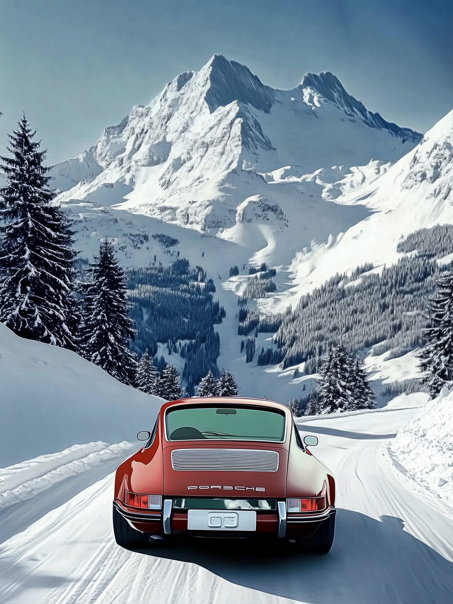 Porsche Carrera Winter Drive Classic Sports Car Poster - 12X16