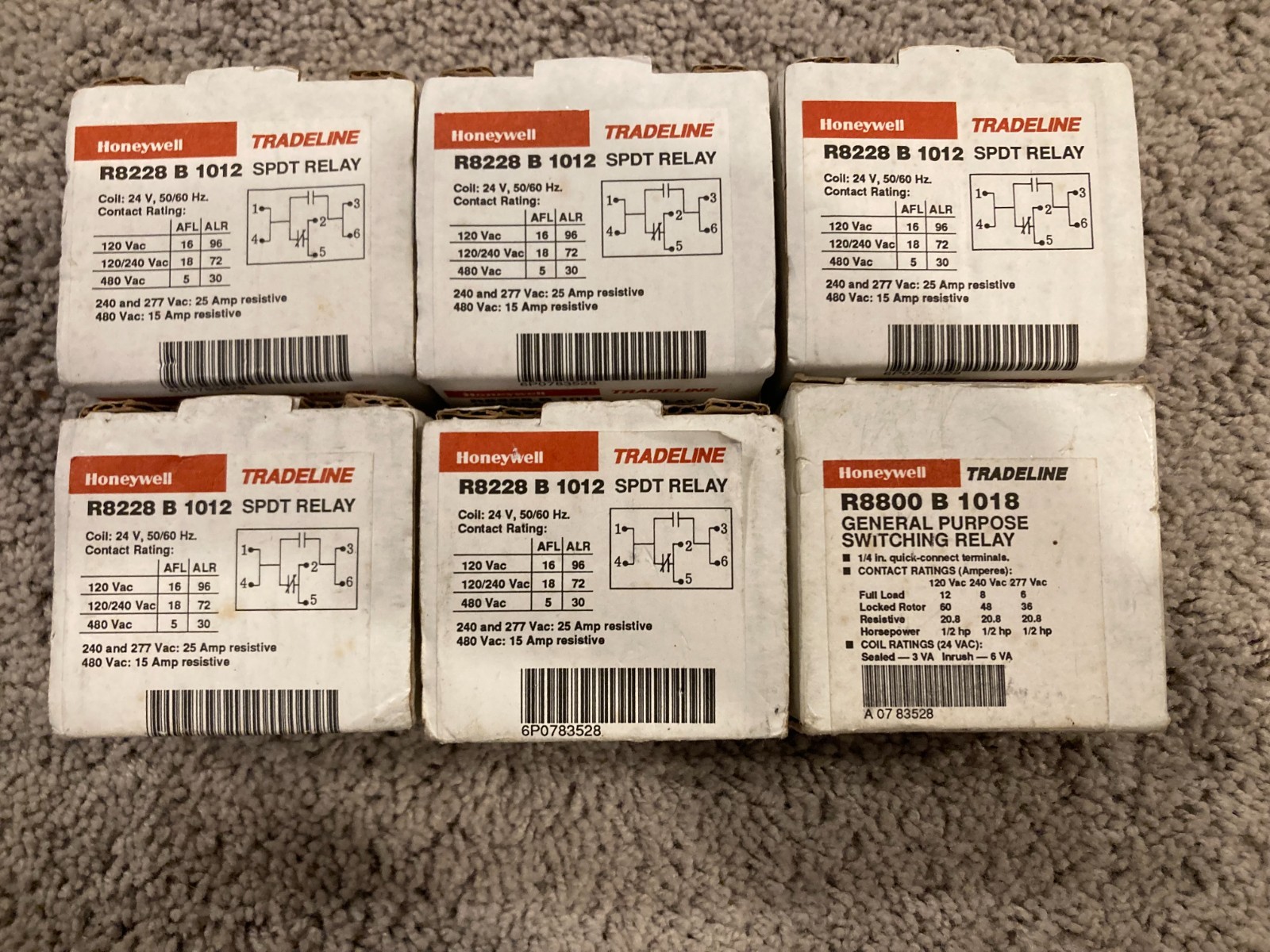 Lot of 6 Honeywell Tradeline Relays:(5) R8228B1012 SPDT &(1) R8800B1018 24V