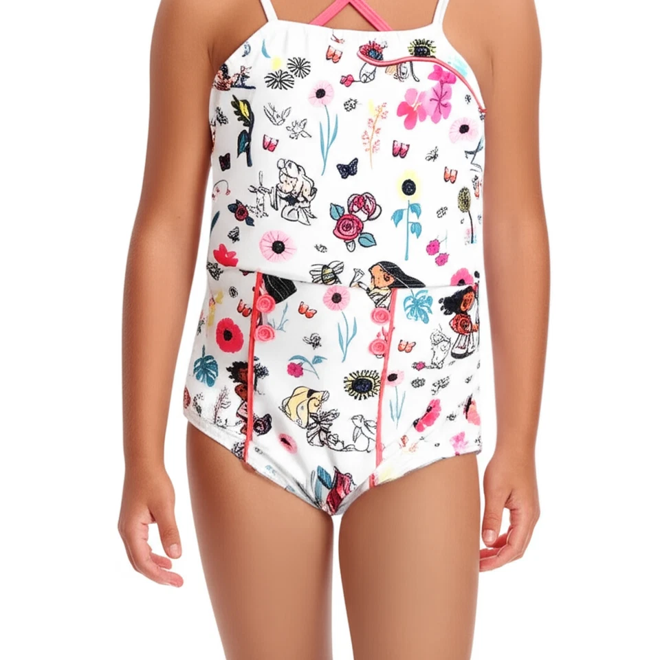 Traje de baño Disney de una pieza para niñas talla 5/6 blanco floral princesa entrecruzada espalda Foto 3 de 4