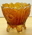 Vintage Amber Iridescent Dahlia Pattern Carnival Glass Footed Bowl Dugan Glass