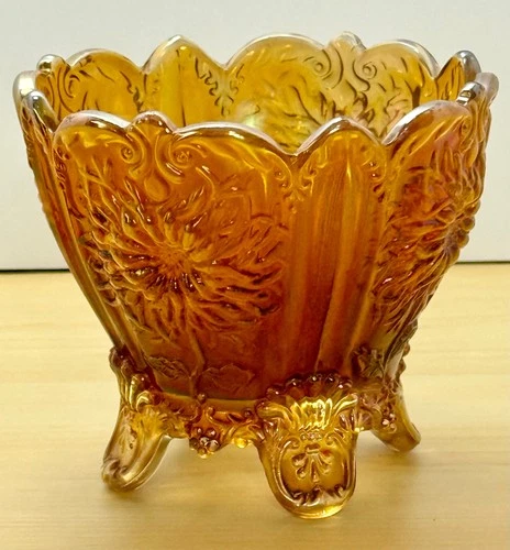 Vintage Amber Iridescent Dahlia Pattern Carnival Glass Footed Bowl Dugan Glass