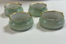 Antique RS Germany 4 Open Salt Dip Cellars 1920's Jade Color Gold Trim Ruffle