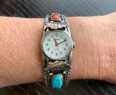 NAVAJO STERLING SILVER CORAL TURQUOISE WATCH BAND CUFF  display picture 3