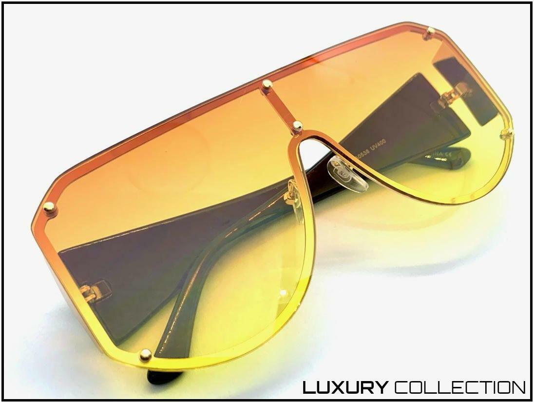OVERSIZED Exaggerated Retro Shield SUNGLASSES Gold Frame Flat Orange Yellow Lens