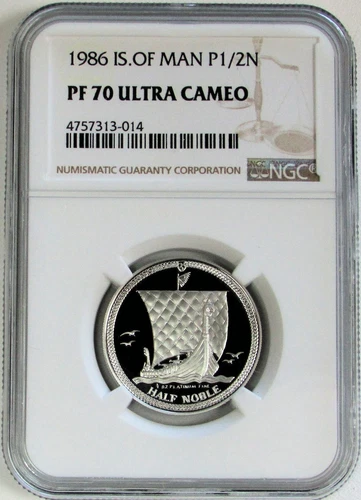1986 PLATINUM ISLE OF MAN 1/2 OZ NOBLE VIKING SHIP NGC PROOF 70 ULTRA CAMEO