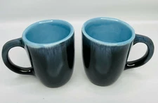 DRYDEN POTTERY MUG Turquoise Blue Black Drip Glaze Hot Springs Arkansas Set of 2