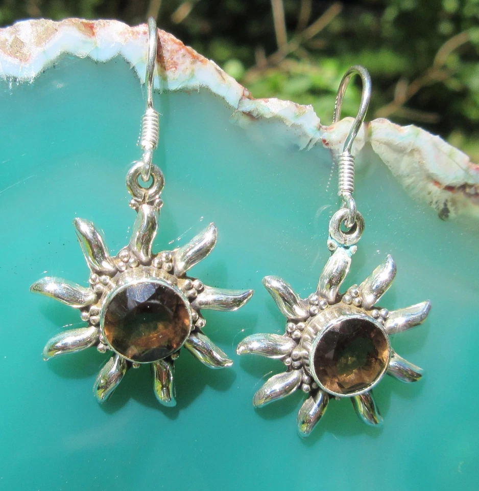 Rx Orecchini Sole Quarzo Affumicato Braun Segno Bilancia Argento Sterling 925 - Immagine 3 di 4