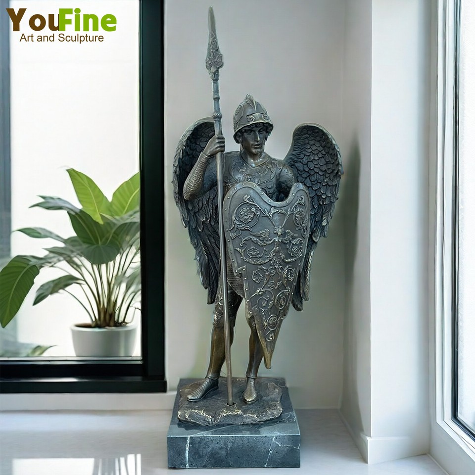 Bronze Warrior with Wings and Shield Sculpture Mythological Soldier Art