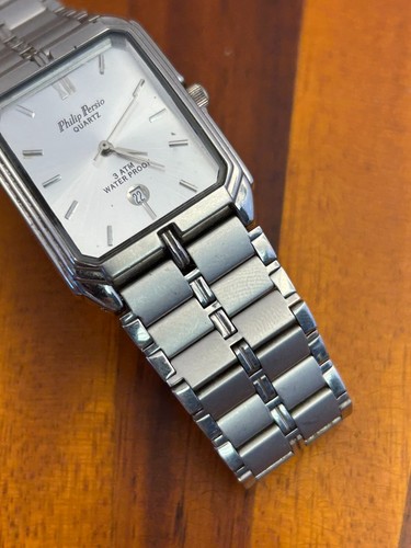 Philip Persio Men's Watch Rectangle Silver Tone Date 27mm - New Battery - Picture 2 of 6