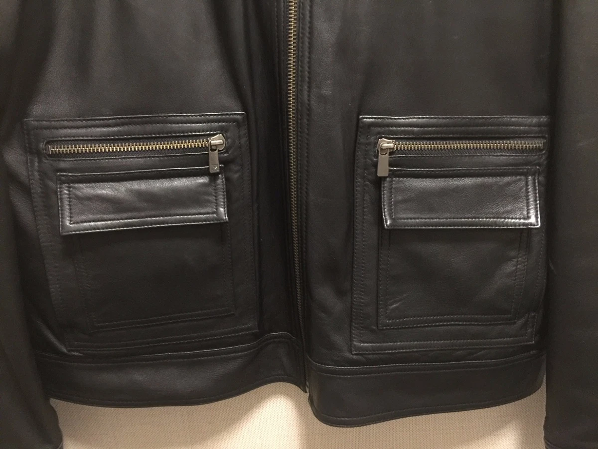 MICHAEL KORS MENS BLACK ZIP FRONT LEATHER JACKET QUILTED LINING
