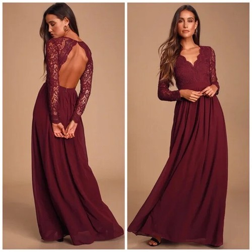 Burgundy Long Sleeve Lace Maxi Dress | eBay