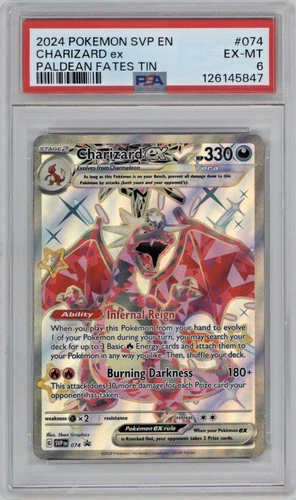 2024 Pokémon Paldean Fates Charizard ex Tin Black Star Promo 074 – PSA 6