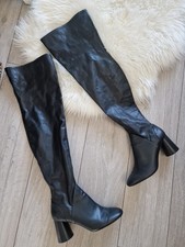Zara Black Faux Leather Over The Knee Round Toe Chunky Heel Boots Size UK 6 6.5