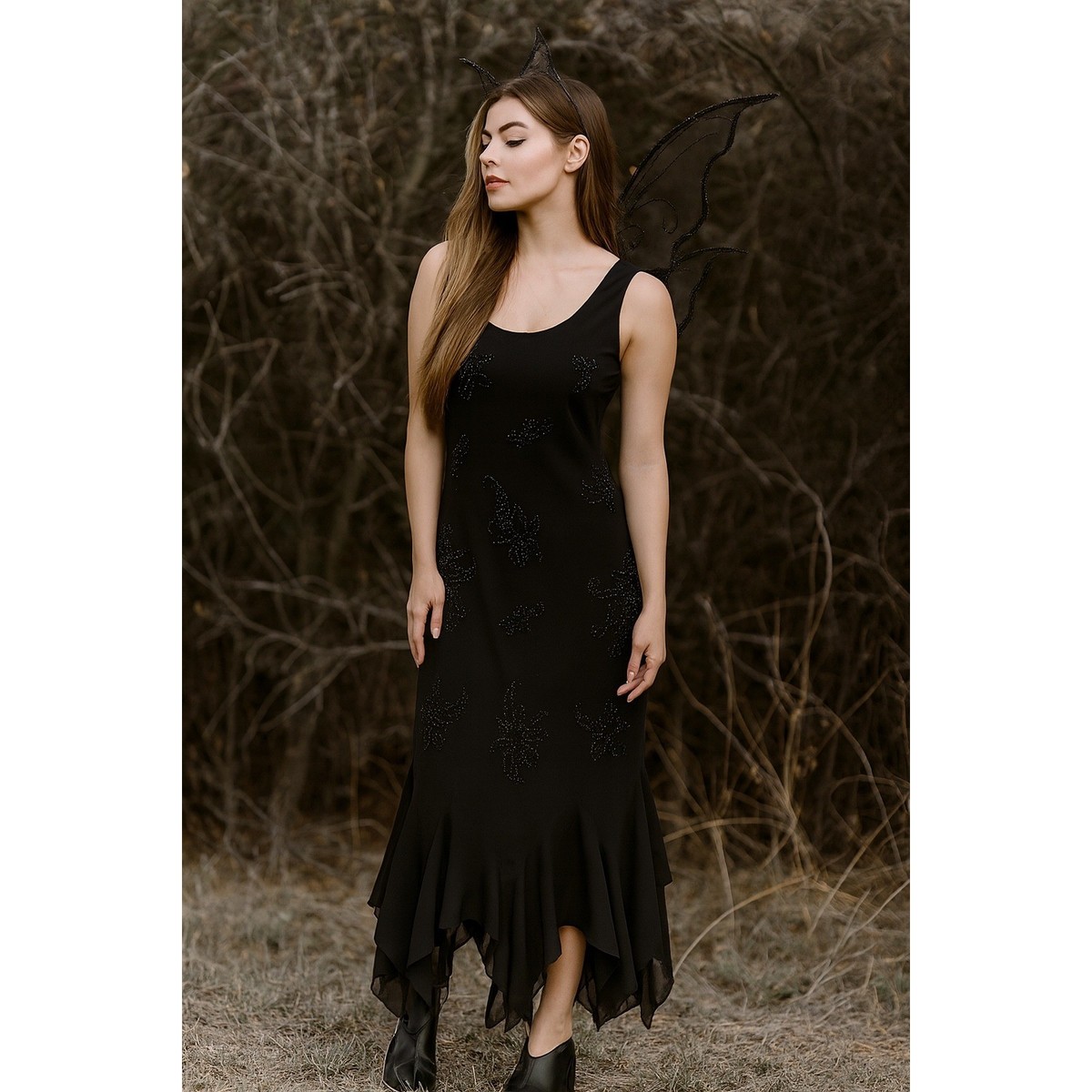 Vintage R&M Richards Black Beaded Asymmetrical Dress 12P Witchy 90s  Whimsigoth