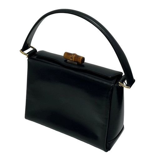 GUCCI Bamboo Hand Bag Navy Calf Leather Top Handle Purse 0009260175 Square Auth