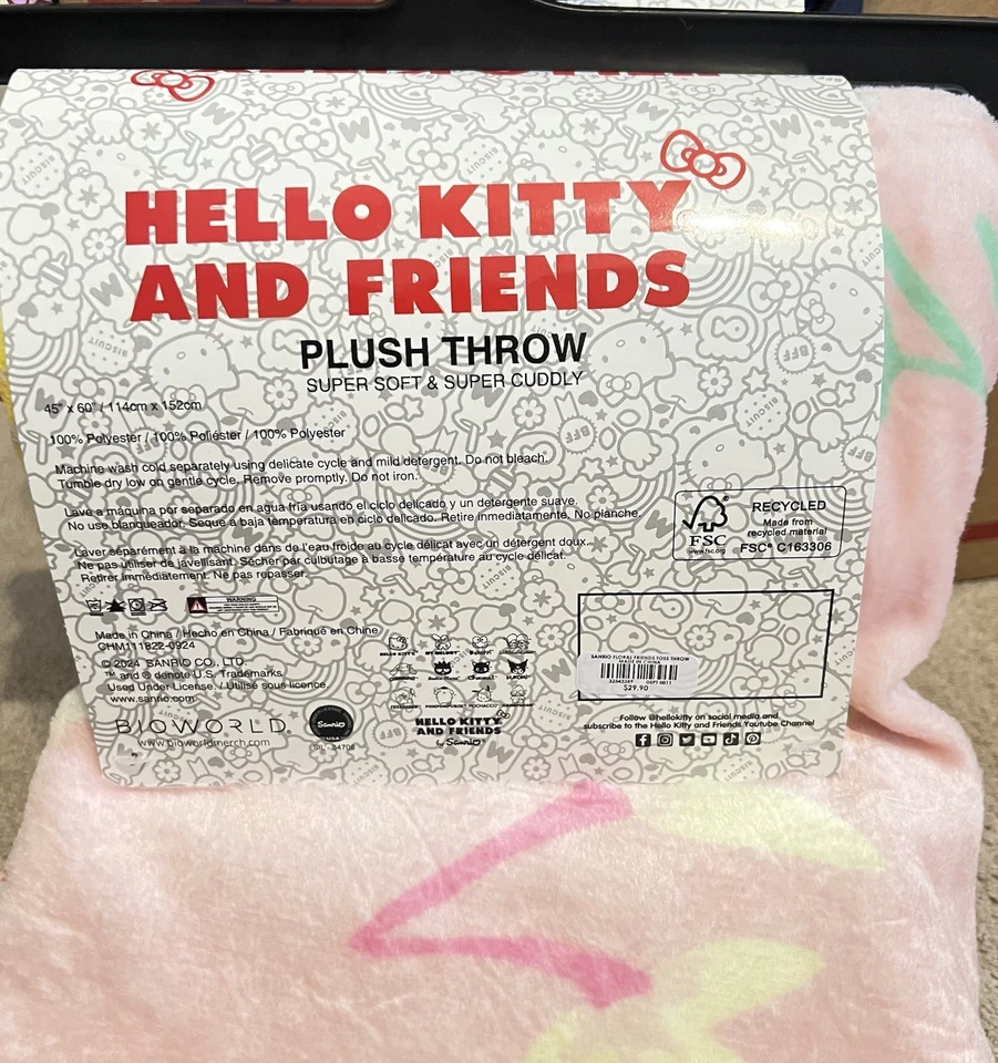 "Manta de felpa Hello Kitty & Friends estampado floral rosa 45""x60"" nueva" Foto 4 de 4