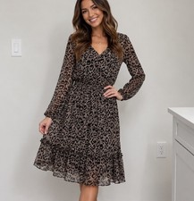 Madison + Hudson Leopard Print Ruffle Midi Dress Medium Long Sleeve Tiered