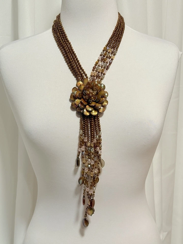 Vintage Joan Rivers Signed Flower Bib Necklace Multi Strand Bronze Crystal - Image 2 of 4