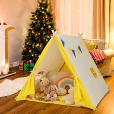 Kids Play Tent, Triangular Kids & Toddlers Tent with Solid Wood Frame Beige