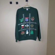 Vintage Jerzees Ugly Chirstmas Sweatshirt Holly, Snowflake, Snowman, Tree Size L