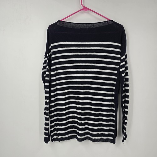 Vince Linen Boat Neck Sweater Stripes Navy Blue White Size Medium Light Knit - Picture 3 of 4