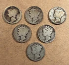 Mercury Silver Dimes, 1916, 1917, 1917S, 1918, 1919 (2) - Circulated - Lot of 6