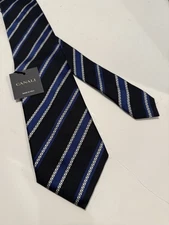 NWT Canali Black Striped Pattern Woven 100% Silk Designer Neck Tie Made In Italy