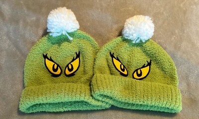 2 Grinch Green Beanie Pompom Soft Warm Hat Size 1 Medium 1 Small