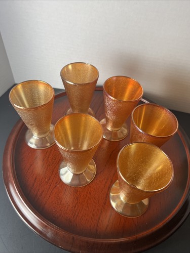 Pitcher and 6 Footed Cups Jeanette Marigold Crackle Carnival Glass Beverage Set - Picture 2 of 17