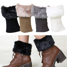 Pair Winter Warmer Leg Toppers Crochet Knitted Faux Fur Trim Boot Socks Cuff