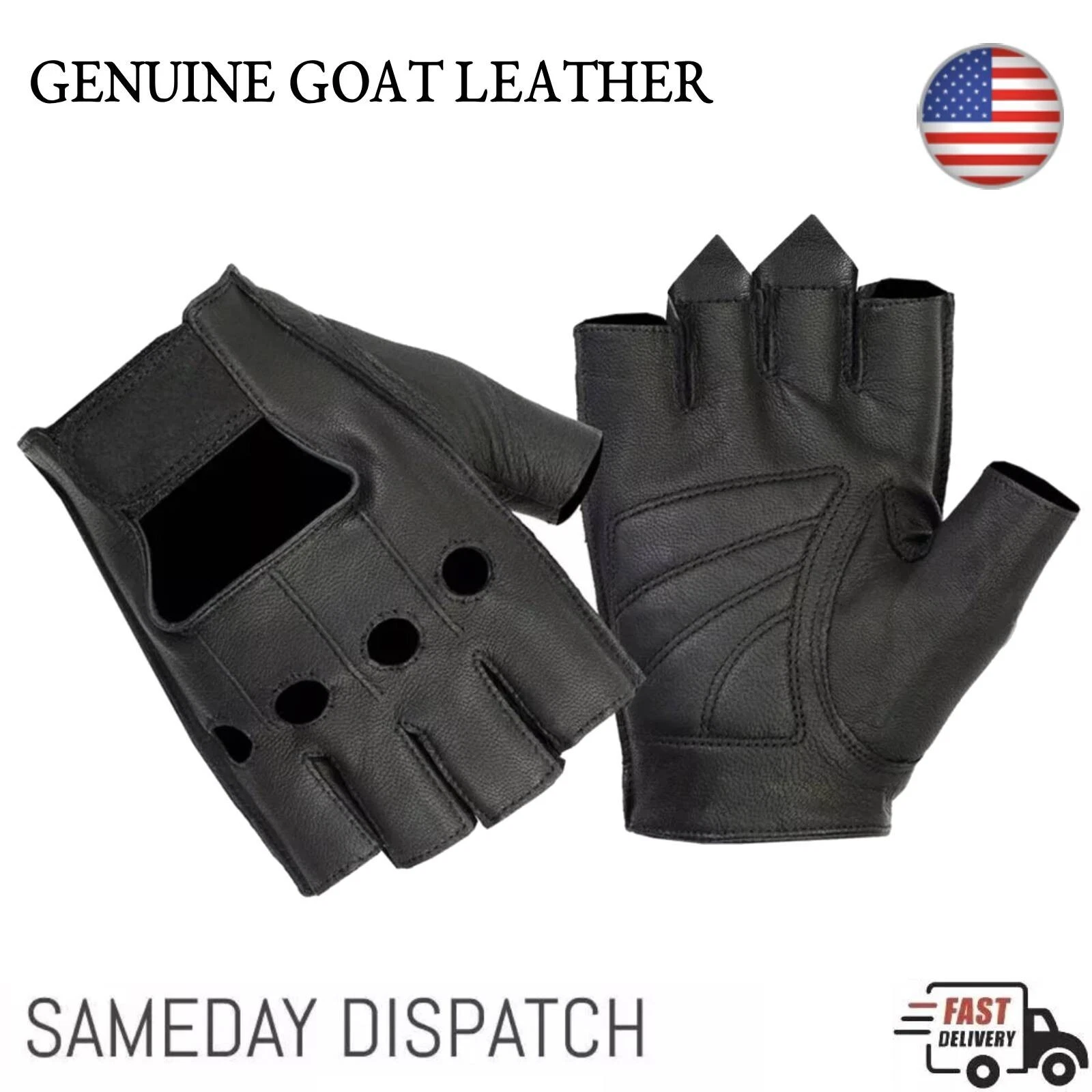 Men Black Motorcycle Fingerless Leather Half Finger Riding Driving Biker Gloves