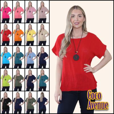 Damen Baumwolle Kurzarm Tunika Top Lagenlook Halskette Oberteil Uni Sommer T-Shirt