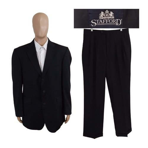 Stafford 2 Piece 100 Wool Navy Blue Herringbone Suit 42L Long Pants