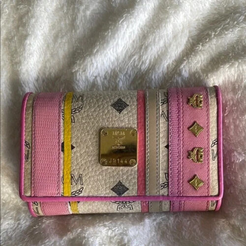 MCM Visetos Trifold Wallet Pink Yellow w Charms