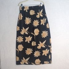 Black  Yellow Floral Vintage Formal Midi Skirt Size L